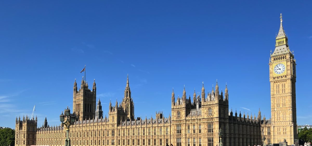 The river front of the Houses of Parliament from the far bank of the Thames, the Elizabeth Tower closing the view on the right