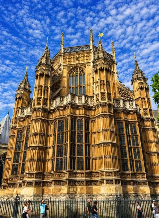 The east end of Westminster Abbey's Lady Chapel, its bay windows and pinnacles topped with gilded weathervanes